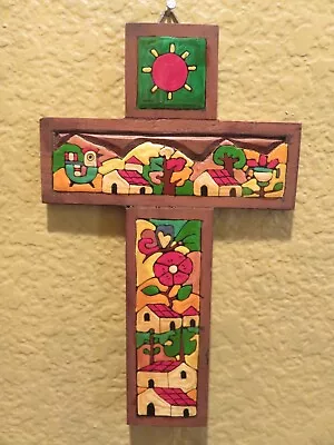 Mexico Wooden Folk Art Cross Hand Crafted Painted  Farmhouse Floral   8  X 5  • $8.98