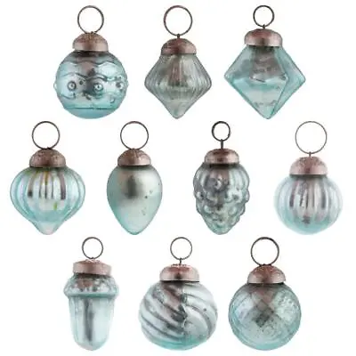 Mini 1  Tall Mercury Glass Christmas Ornament Set Of 10 Styles Blue Color • £28.90
