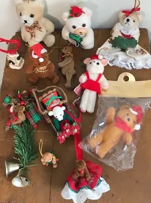 Vintage Teddy Bear Christmas Ornament Lot 12 Flocked Felt Wood Fabric Resin Bell • $14.99