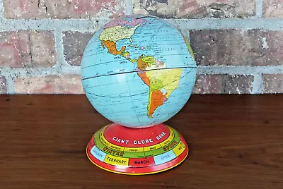 J. CHEIN Vintage TIN METAL Full Color World GIANT GLOBE COIN BANK ~ Made In USA • $28