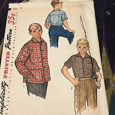 $13 • Buy Vintage 1950s Simplicity 1781 Boy’s Button Down Shirt Sewing Pattern 14 UNCUT