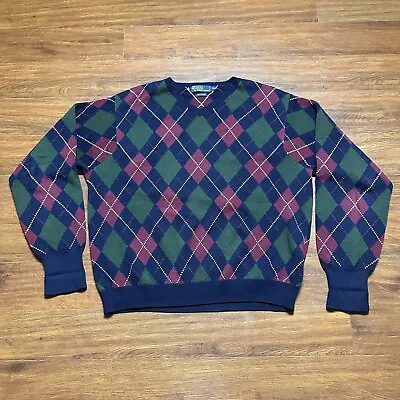 Vtg Polo Ralph Lauren Argyle AOP Diamond V-Neck Sweater XL Golf Outdoor Pullover • $24.90