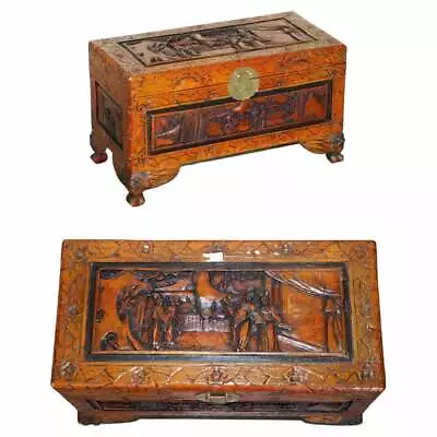 Antique Circa 1900 Hand Carved Chinese Camphor Wood Travelling Trunk Nice Finish • £950