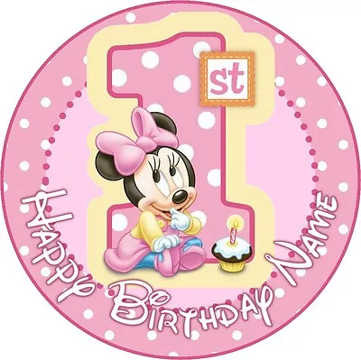 EDIBLE Baby Minnie Mouse Cake Topper 1st Birthday Wafer Paper 7.5  Round (uncut) • $10.99