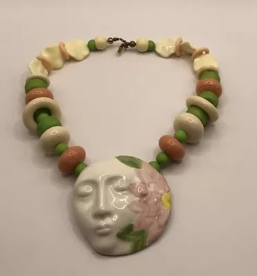 Vintage Ceramic Face Flower Pendant Necklace Unique Beads Design **read • $21.99