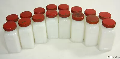 16 White Milk Glass Red Lid Spice Jars Set • $100