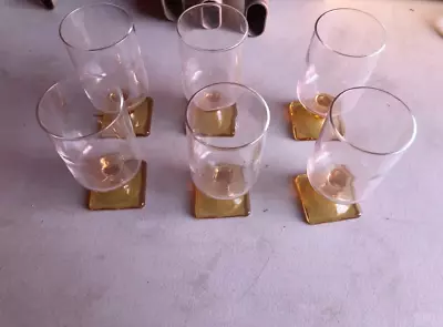 Vtg Federal Glass Nordic Topaz Yellow Square Base 4.5  Juice Glasses Set Of 6 • $29