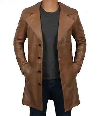 Blazer Pea Coat Brown Men's Vintage Top Real Leather Long Trench Coat With Satin • $123.18