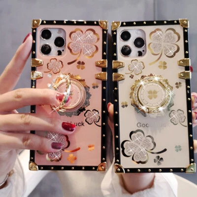 $15.95 • Buy For Samsung S21 S20 S10 S9 Note20 Bling Glitter Lucky Flower Square Case W/ Ring