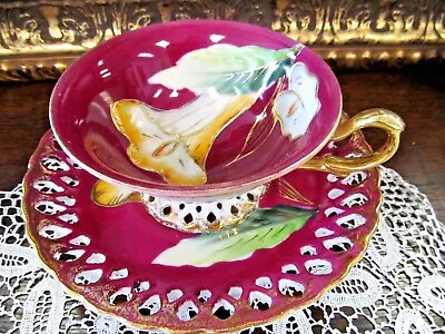 OCCUPIED JAPAN Tea Cup And Saucer Painted Floral Open Edges Teacup 1940s Red  • $29.95