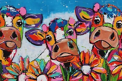 £20 • Buy Cows Animal Colourful Flowers Painting Large Art Framed Canvas Picture 20x30 