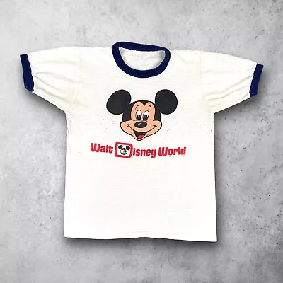Vintage 70s Walt Disney World Mickey Mouse Ringer T-Shirt White Size Medium • $39.99