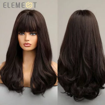 ELEMENT Long Wavy Hair Wigs With Bangs For Women Dark Brown Daily Wig With Bangs • $18.89