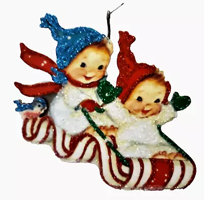 BABIES CHILDREN On RIBBON CANDY SLED *  Glitter CHRISTMAS ORNAMENT  Vtg Img • $10.50