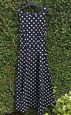 £20 • Buy Vintage St Michael M&s Navy Blue Polka Dot Spot Midi 1940s Tea Dress 8