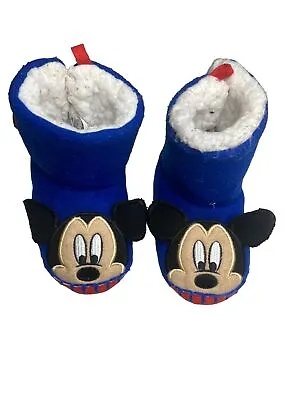 Mickey Mouse Disney Blue Red Fur Slippers Ankle Boots Boys (Size: 5-6) CN1302 • £15.03