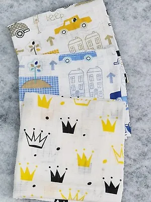 3 Pack Muslin Squares Large 70x80cm Baby Nappies Bibs Cars Yelow Blue Crowns • £5.99