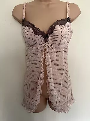 Next 34DD Pink Black Polkadot￼ Lace Sheer Baby Doll Open Front Negligee Sexy L8 • £13.19