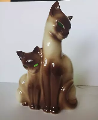 Vintage Mid Century KRON MCM Ceramic Siamese Cats TV Lamp 13  Green Eyes WORKS • $129.99
