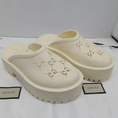 GUCCI Mystic White Perforated G Lug-Sole Platform Elea Mules Size 6.5 US 37 Eu • $300