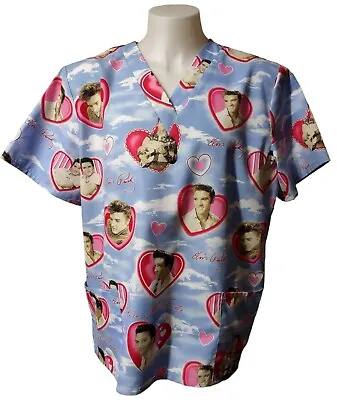 Elvis Presley Scrub Top Woman's XL Hearts Blue 2 Pockets Short Sleeve Pullover • $20.65