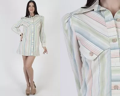 Vtg 70s Vertical Striped Shift Dress Butterfly Dagger Collar Yolk Country Mini • $53.20