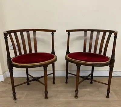 Pair Of Antique Edwardian Mahogany Inlaid Corner Chairs • £175