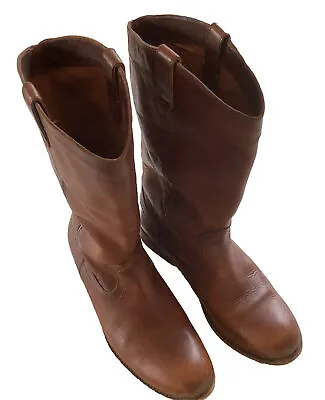 Frye Brown Leather Cowboy Boots Pull On Rounded Toe Mid Calf Womens Size 8.5 B • $48.50