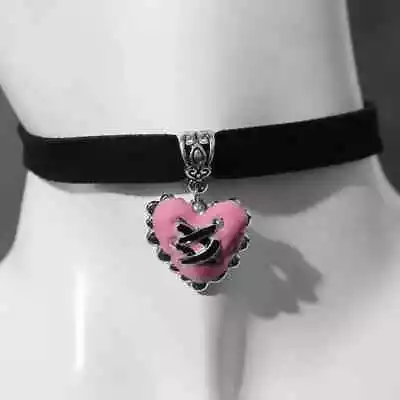 Black Velvet Choker Necklace Pink Heart Black Stitched Pendant Charm Love • $9