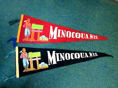 PAIR Vintage Minocqua Wisconsin Park Paul Bunyan Camp Felt Pennant 22  Long • $7