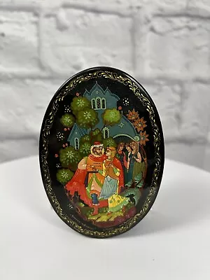 Palekh Russian Painted Trinket Box Vintage Signed Lacquer Oval USSR 4.5 X3 X1.5  • $27.99