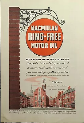 McMillan Ring-Free Motor Oil Sign Old State House Boston Vintage Print Ad 1944 • $14.77