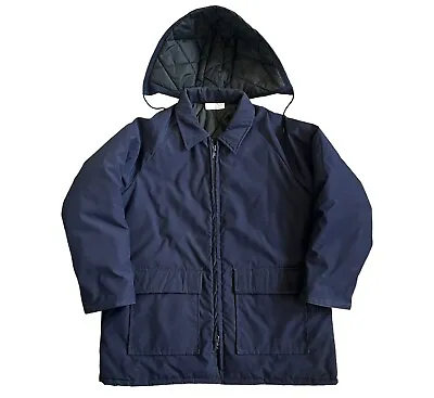 VTG Unitog Men’s Work Jacket Sz L Regular Navy Blue Detachable Hood Made In USA • $39.95