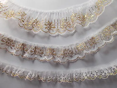 1 Or 2 M X White With Gold Gathered Lace  Choose Width • £1.60