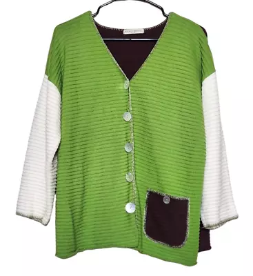 Margaret Winters Womens M Cardigan Sweater Long Sleeve Ribbed V-Neck Pockets Art • $39.99