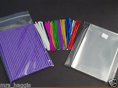 50 X 6  PURPLE CAKE POP KIT + 4 X 6  CELLO BAGS & METALLIC TWIST TIES • £5.25