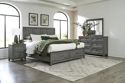 Rustic 4 Pc Grey King Footboard Storage Bed Ns Dresser Bedroom Furniture Set • $1699