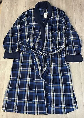 IZOD Blue Plaid Soft FLEECE Wrap ROBE Bathrobe W/ Pockets Men's One Size NWT • $18