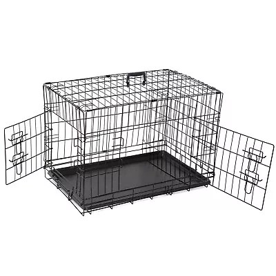 30  Folding Metal Dog Crate Double Doors Dog Crates Black Dog Durable Cage Pet • $40.58