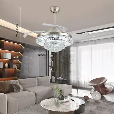 LED Crystal Chandelier Invisible Ceiling Fan Light Retractable Blade+Remote 42in • $115