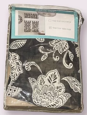 Waverly Stencil Vine Tab Top Tier Pair Curtain Set Floral Black White OPEN BOX • $19.95