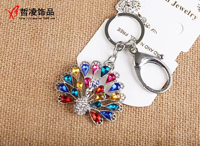 Colourful Peacock Crystal Diamante Rhinestone Bag Charms Handbag Keyring Pendant • £4.49