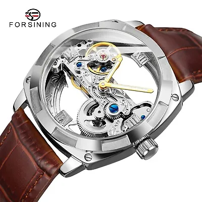 Forsining Mens Skeleton Mechanical Waterproof Luxury Watch Leather Hollow • $60