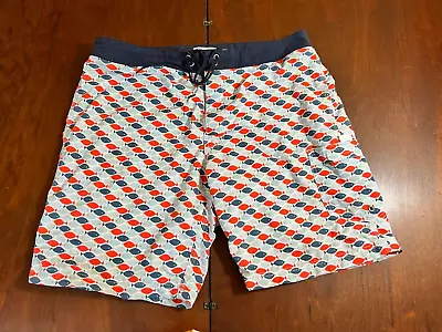 J CREW Mens Red White Blue Fish Bathing Suit Swim Trunks Shorts 32 Cotton Bld • $12.99