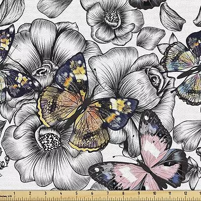 Ambesonne Butterfly Fabric By The Yard Monarch Butterflies On Hand Drawn Flow... • $88.69