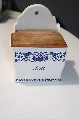 Vintage Blue White Ceramic Salt Box With Wood Lid For Wall READ • $25
