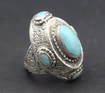 Afghan Rings  Turquoise Tribal Ring Kuchi Carved Ring Long Alpaka Ring 8US • $29.99