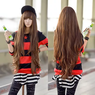 Women's 31  Long Wavy Full Wigs With Bangs Layered Party Cosplay Animine Brown • $11.69