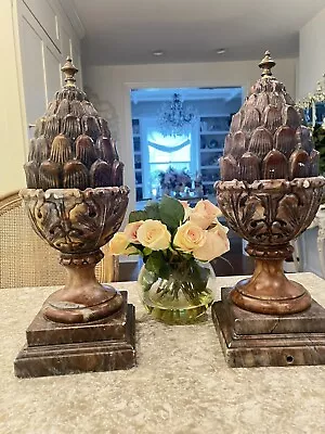 Pair Marble Lamps Antique Vtg Large Urn Style Spain Alabaster Carved Finials • $350