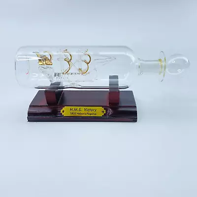 Vintage Spun Glass H. M. S. Victory Ship In A Bottle With Wood Stand Collectible • $24.64